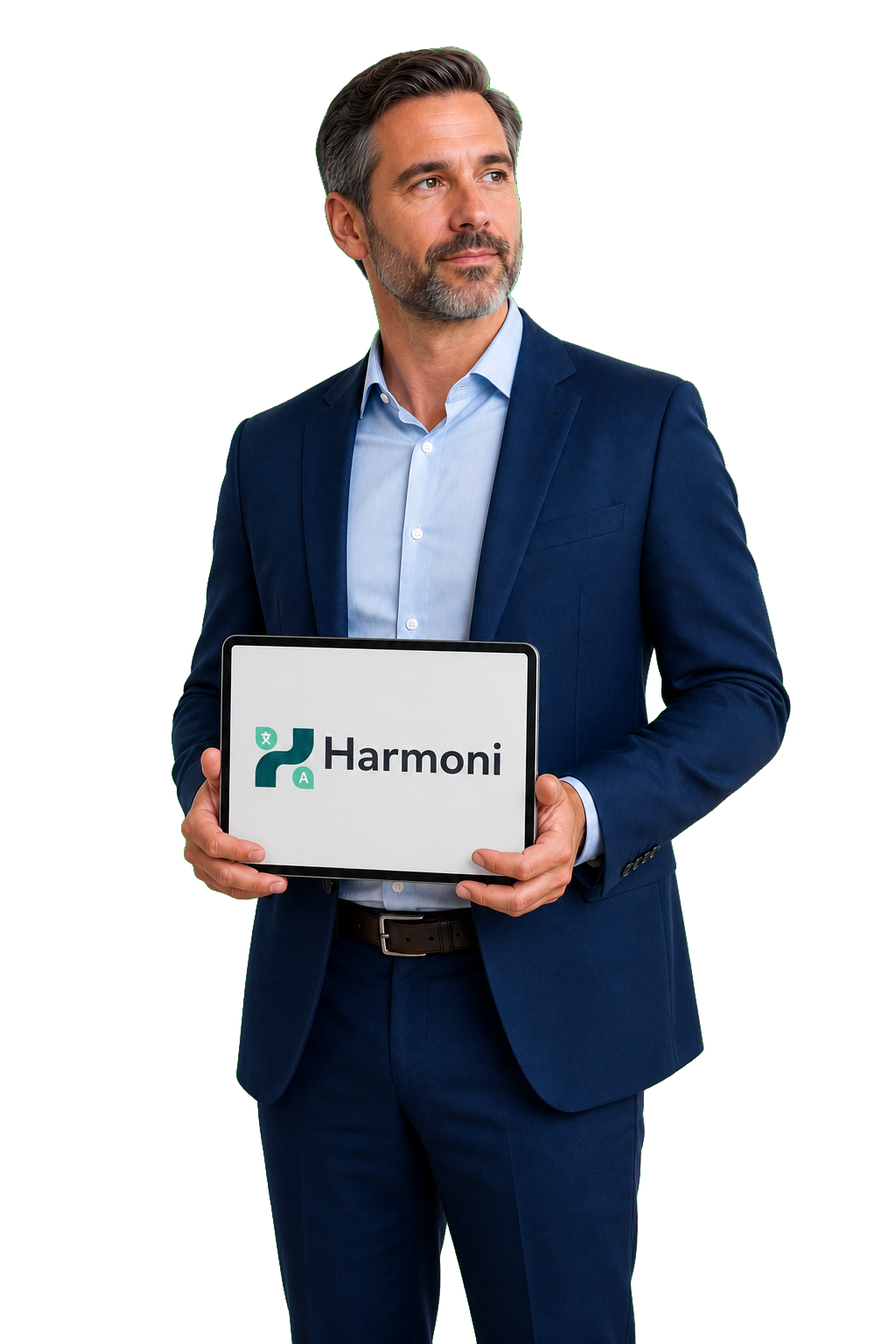 Healthcare finance leader holding a tablet with the Harmoni logo