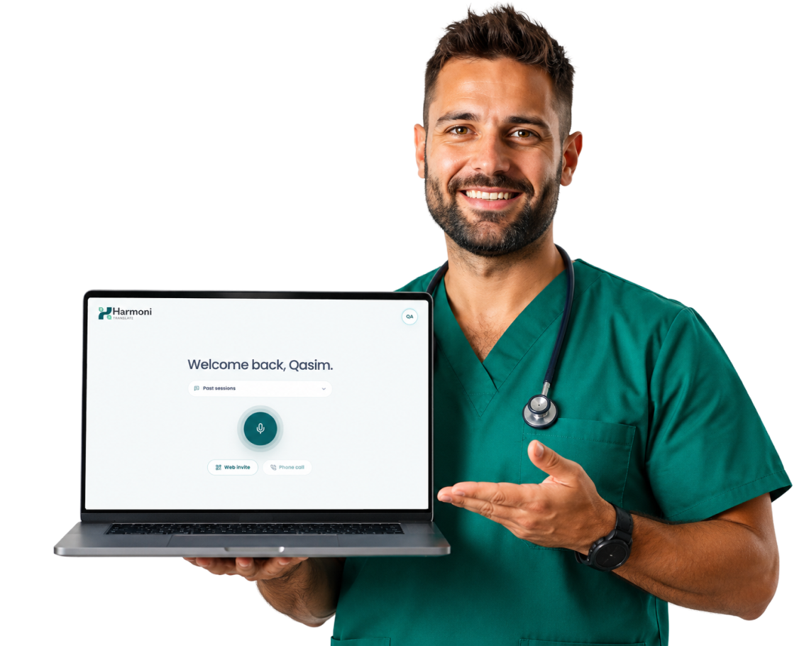 Clinician presenting the Harmoni app on a laptop